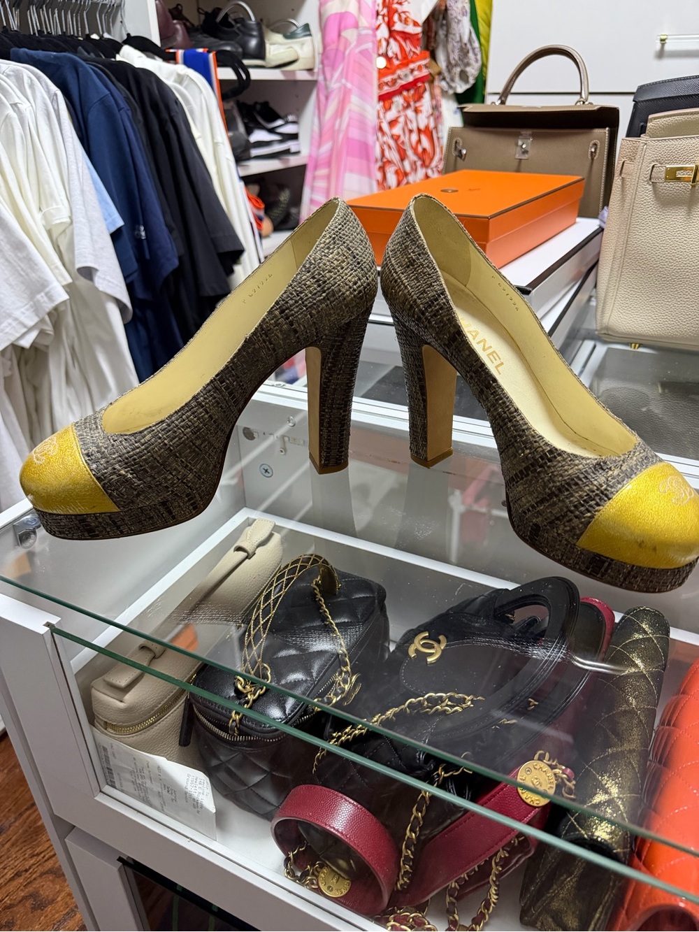 CHANEL Brown Tweed Pumps with Yellow Cap Toe